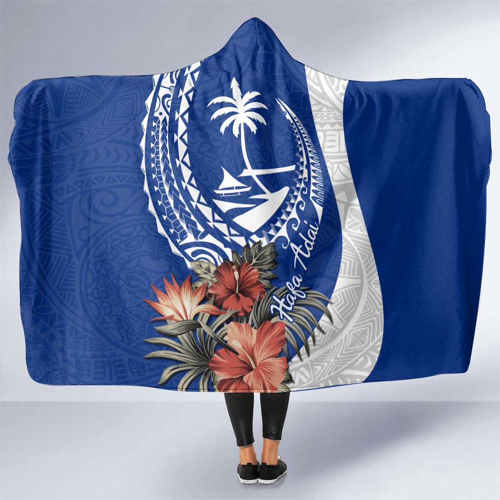 Blue Guam Hafa Adai Hooded Blanket Tropical Flowers with Polynesian Pattern
