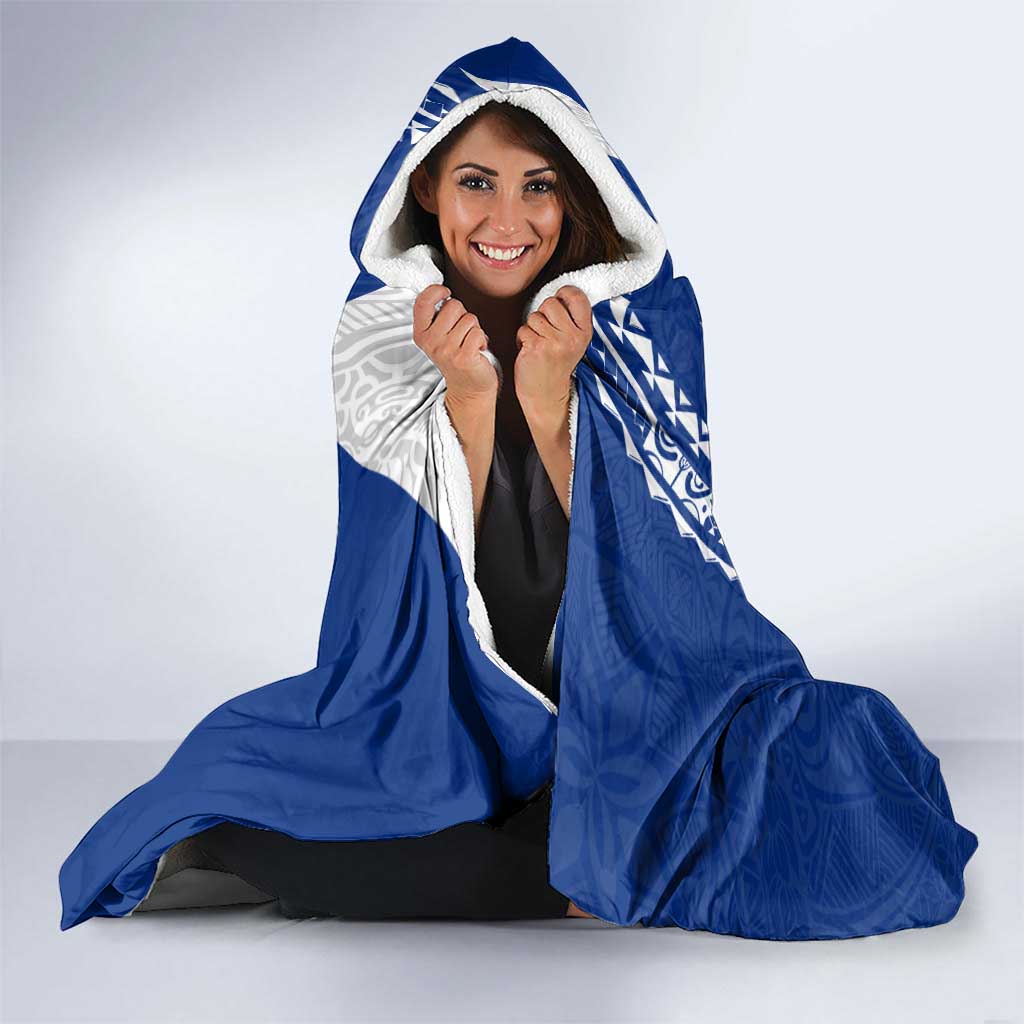 Blue Guam Hafa Adai Hooded Blanket Tropical Flowers with Polynesian Pattern
