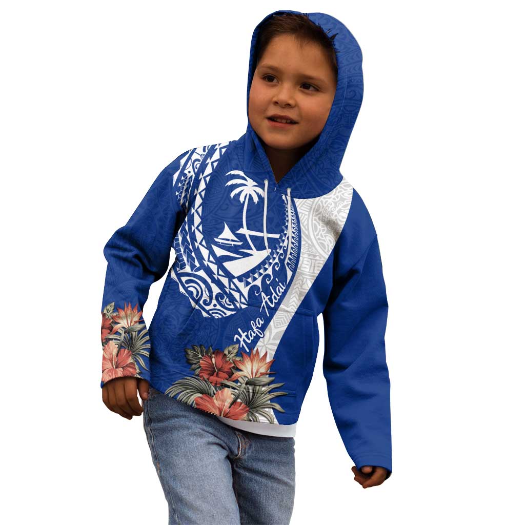Blue Guam Hafa Adai Kid Hoodie Tropical Flowers with Polynesian Pattern