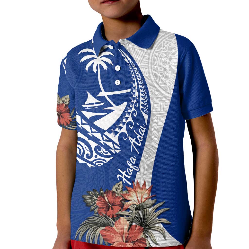 Blue Guam Hafa Adai Kid Polo Shirt Tropical Flowers with Polynesian Pattern