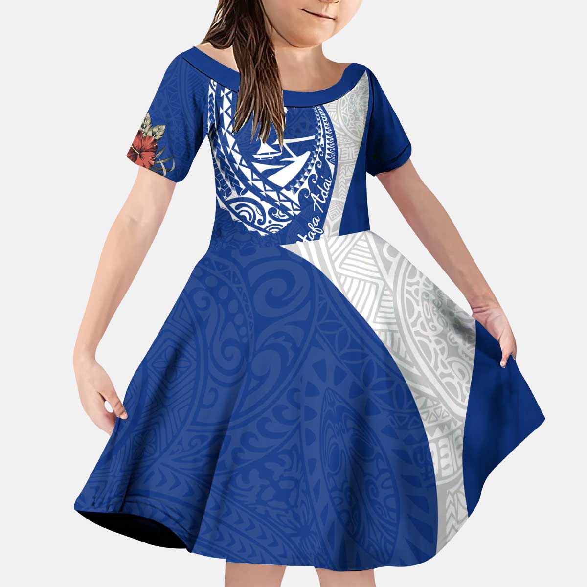 Blue Guam Hafa Adai Kid Short Sleeve Dress Tropical Flowers with Polynesian Pattern