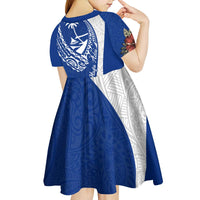 Blue Guam Hafa Adai Kid Short Sleeve Dress Tropical Flowers with Polynesian Pattern