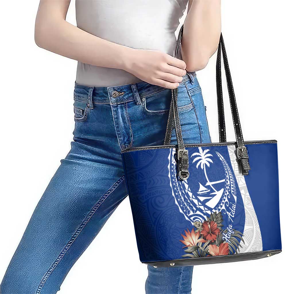 Blue Guam Hafa Adai Leather Tote Bag Tropical Flowers with Polynesian Pattern