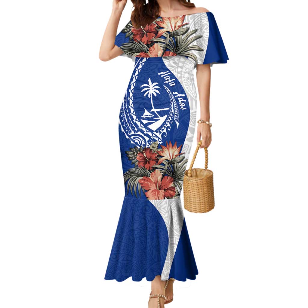 Blue Guam Hafa Adai Mermaid Dress Tropical Flowers with Polynesian Pattern