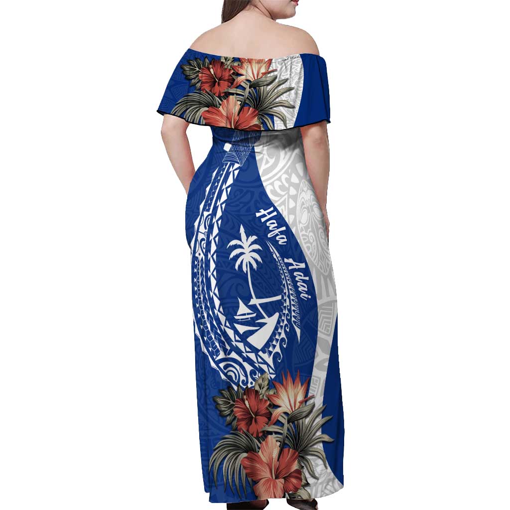 Blue Guam Hafa Adai Off Shoulder Maxi Dress Tropical Flowers with Polynesian Pattern