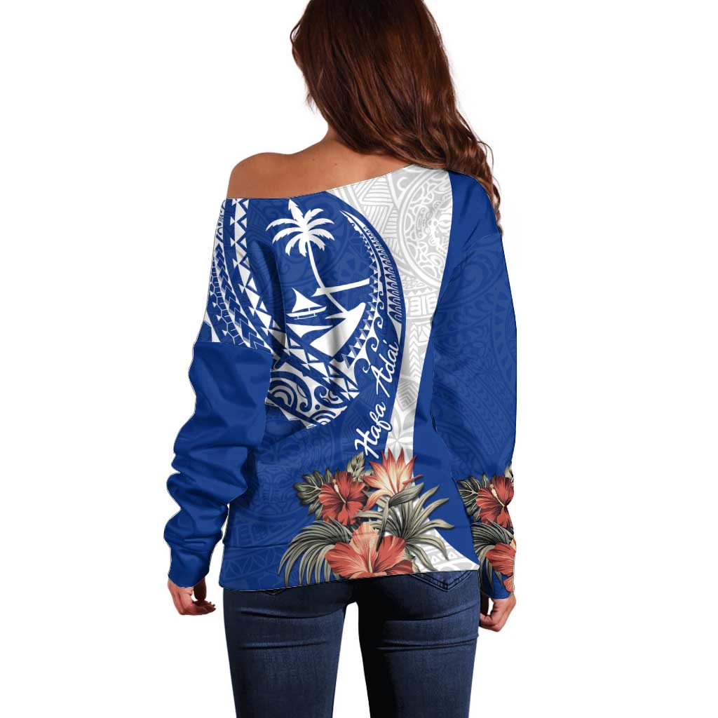 Blue Guam Hafa Adai Off Shoulder Sweater Tropical Flowers with Polynesian Pattern
