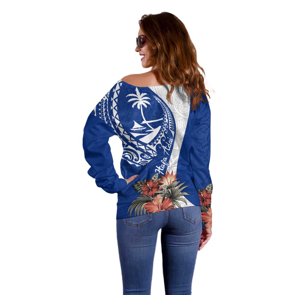 Blue Guam Hafa Adai Off Shoulder Sweater Tropical Flowers with Polynesian Pattern