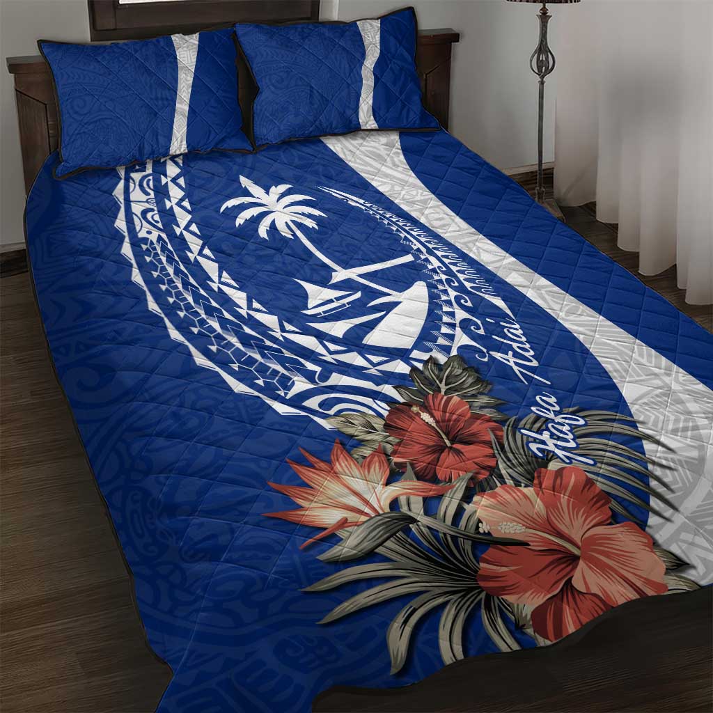 Blue Guam Hafa Adai Quilt Bed Set Tropical Flowers with Polynesian Pattern