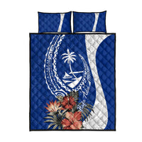 Blue Guam Hafa Adai Quilt Bed Set Tropical Flowers with Polynesian Pattern