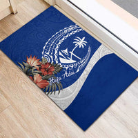 Blue Guam Hafa Adai Rubber Doormat Tropical Flowers with Polynesian Pattern