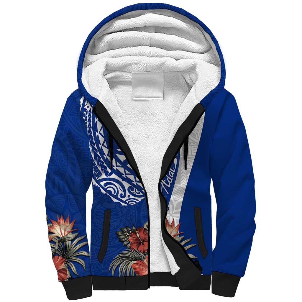 Blue Guam Hafa Adai Sherpa Hoodie Tropical Flowers with Polynesian Pattern