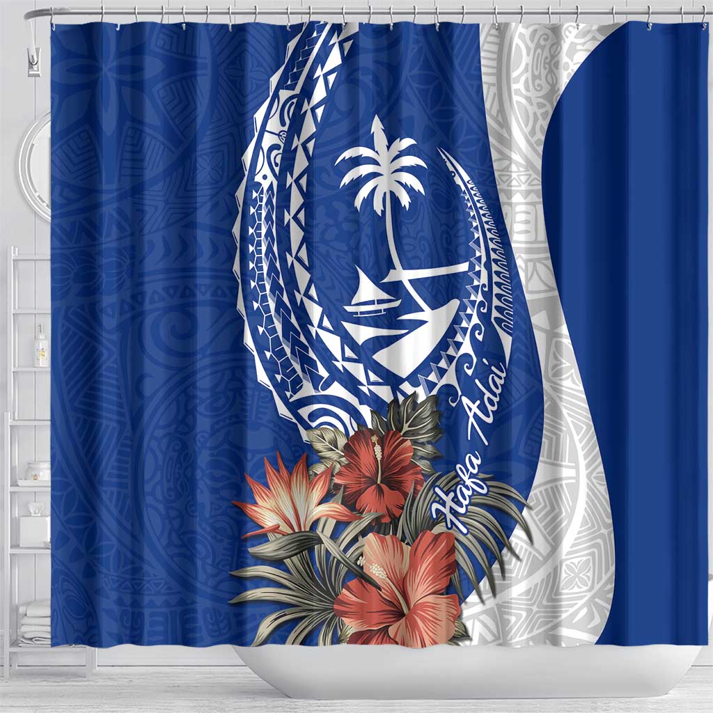 Blue Guam Hafa Adai Shower Curtain Tropical Flowers with Polynesian Pattern