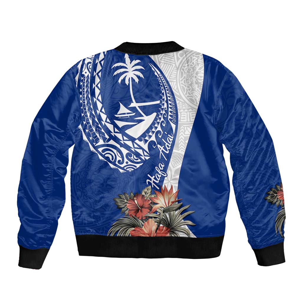 Blue Guam Hafa Adai Sleeve Zip Bomber Jacket Tropical Flowers with Polynesian Pattern