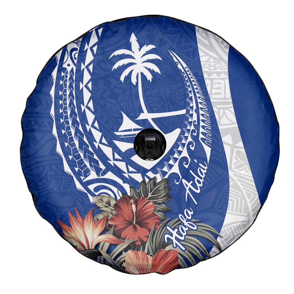 Blue Guam Hafa Adai Spare Tire Cover Tropical Flowers with Polynesian Pattern
