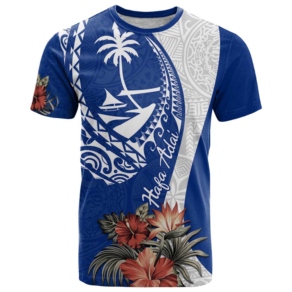 Blue Guam Hafa Adai T Shirt Tropical Flowers with Polynesian Pattern