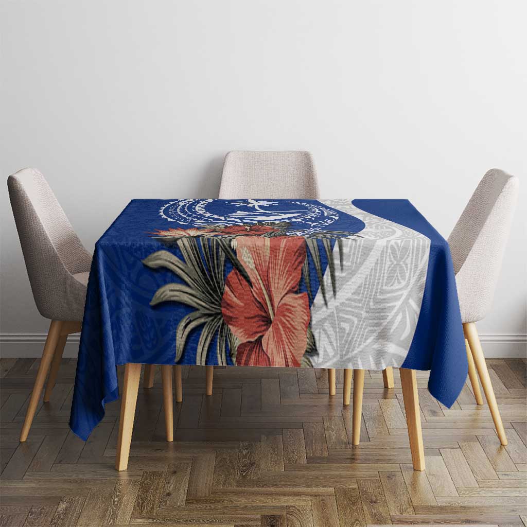 Blue Guam Hafa Adai Tablecloth Tropical Flowers with Polynesian Pattern