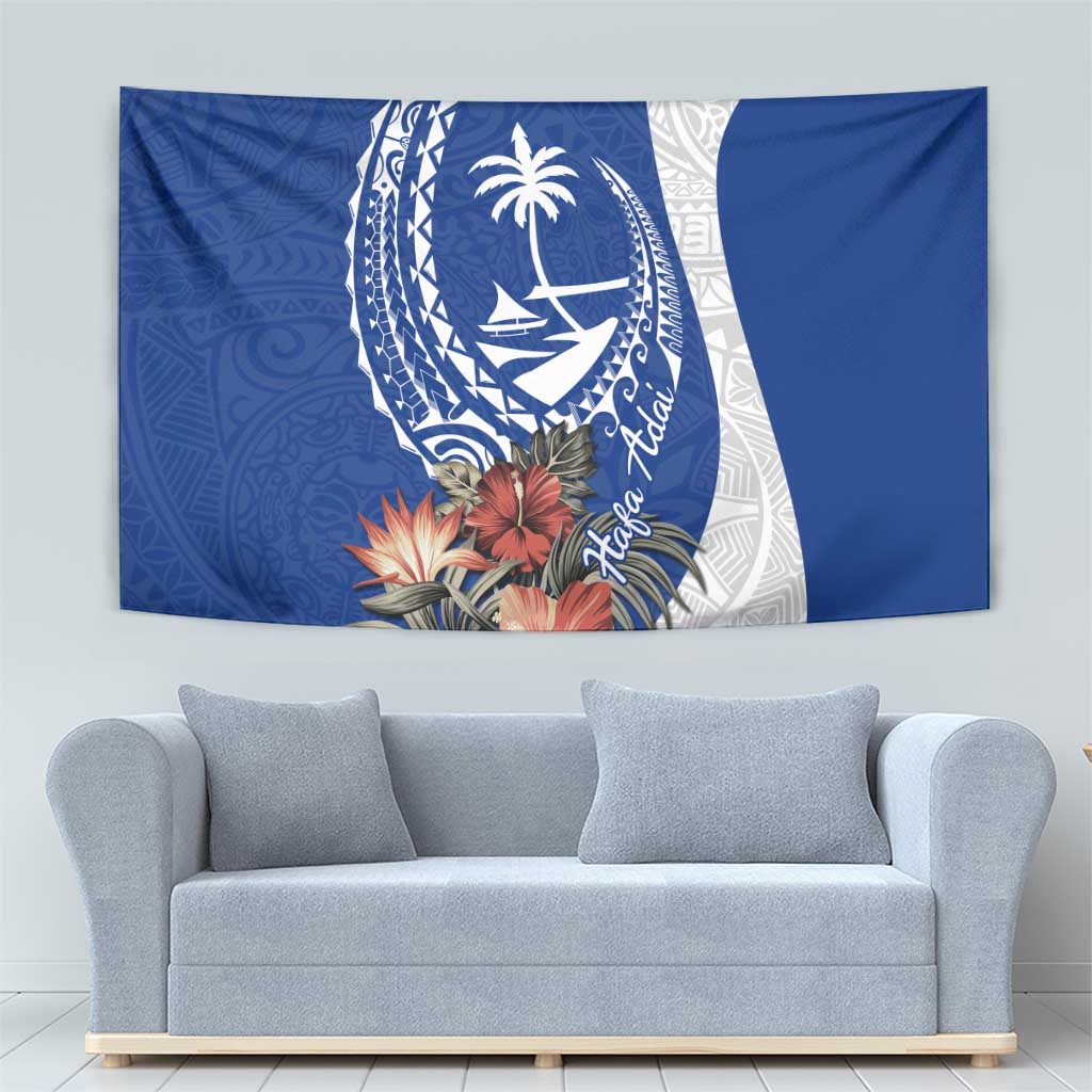 Blue Guam Hafa Adai Tapestry Tropical Flowers with Polynesian Pattern