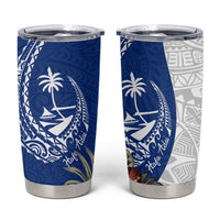 Blue Guam Hafa Adai Tumbler Cup Tropical Flowers with Polynesian Pattern