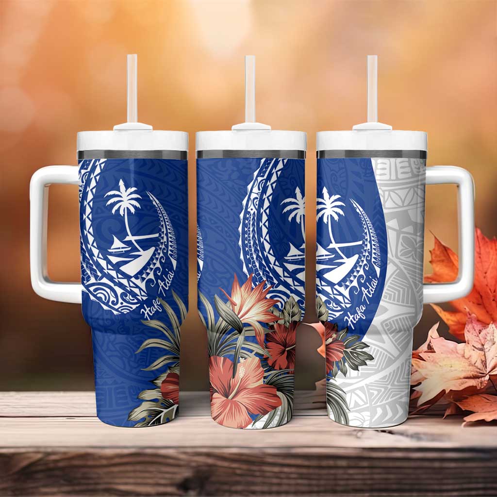 Blue Guam Hafa Adai Tumbler With Handle Tropical Flowers with Polynesian Pattern