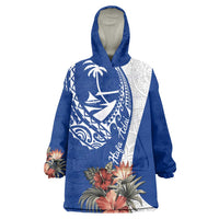 Blue Guam Hafa Adai Wearable Blanket Hoodie Tropical Flowers with Polynesian Pattern