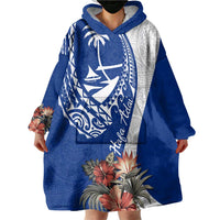 Blue Guam Hafa Adai Wearable Blanket Hoodie Tropical Flowers with Polynesian Pattern