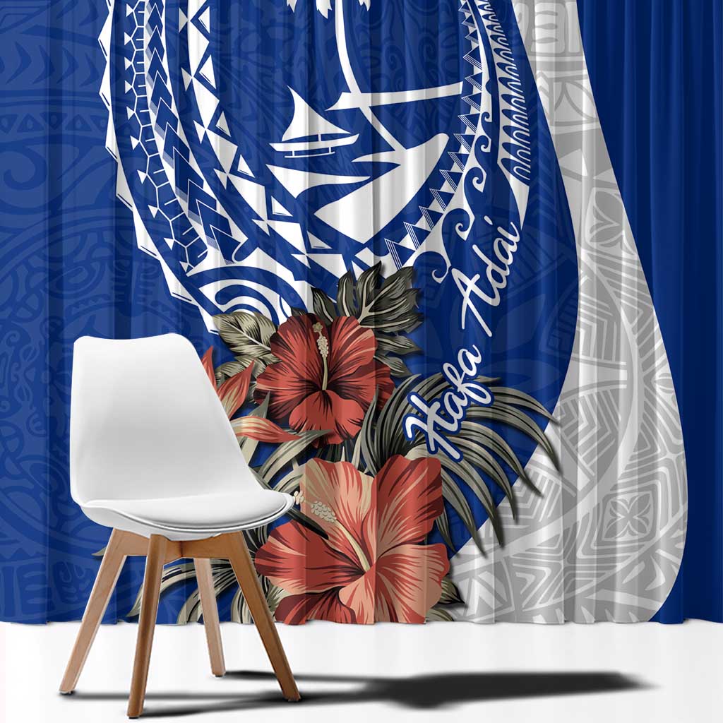 Blue Guam Hafa Adai Window Curtain Tropical Flowers with Polynesian Pattern