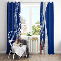 Blue Guam Hafa Adai Window Curtain Tropical Flowers with Polynesian Pattern