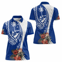 Blue Guam Hafa Adai Women Polo Shirt Tropical Flowers with Polynesian Pattern