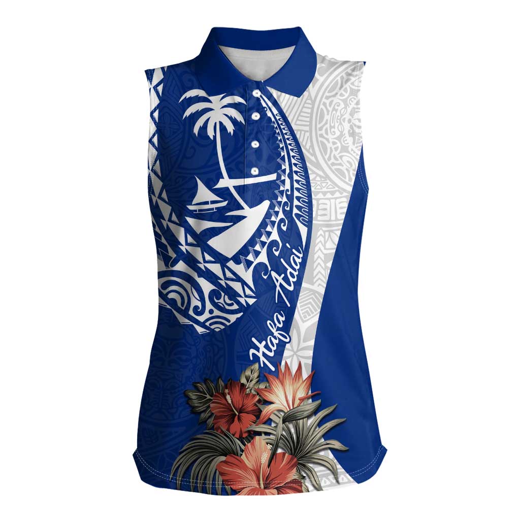 Blue Guam Hafa Adai Women Sleeveless Polo Shirt Tropical Flowers with Polynesian Pattern