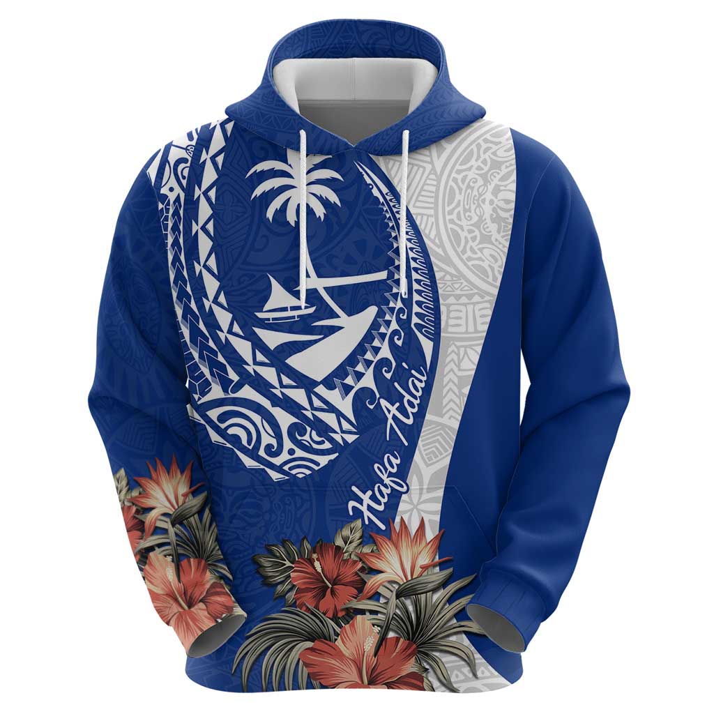 Blue Guam Hafa Adai Zip Hoodie Tropical Flowers with Polynesian Pattern