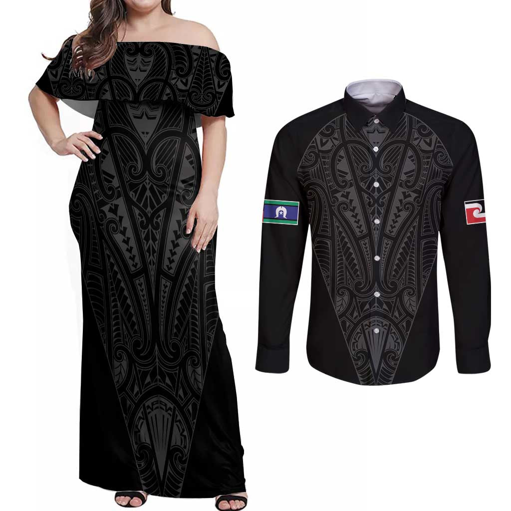 Queensland Maori Rugby Nga Hau e Wha Couples Matching Off Shoulder Maxi Dress and Long Sleeve Button Shirt Black Motif