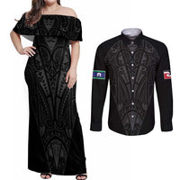 Queensland Maori Rugby Nga Hau e Wha Couples Matching Off Shoulder Maxi Dress and Long Sleeve Button Shirt Black Motif