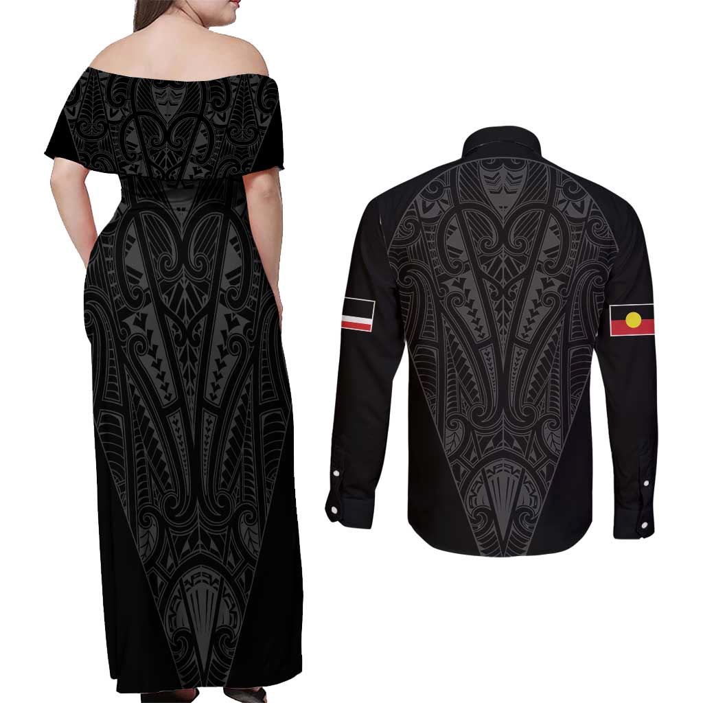 Queensland Maori Rugby Nga Hau e Wha Couples Matching Off Shoulder Maxi Dress and Long Sleeve Button Shirt Black Motif