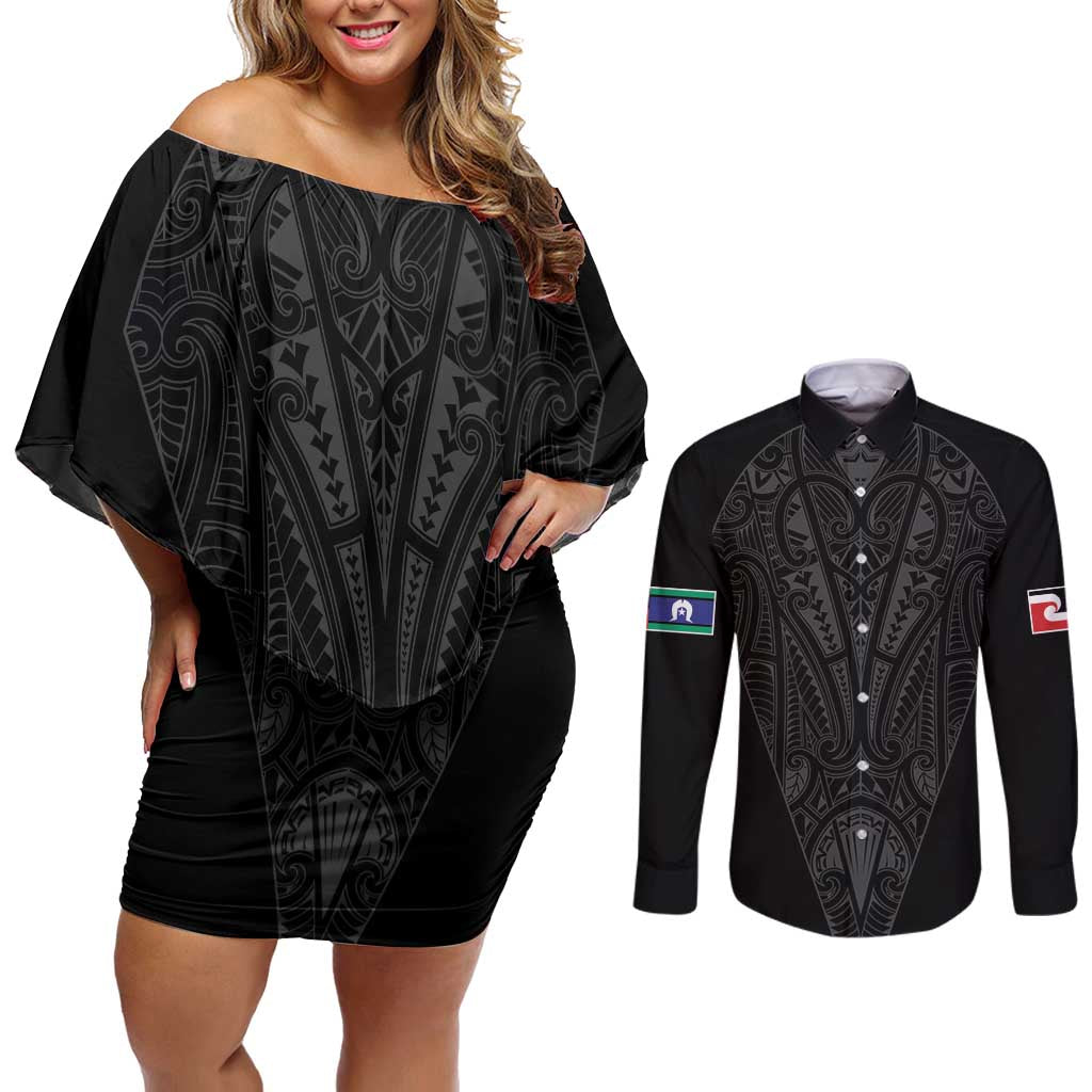 Queensland Maori Rugby Nga Hau e Wha Couples Matching Off Shoulder Short Dress and Long Sleeve Button Shirt Black Motif