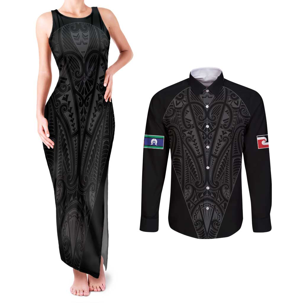 Queensland Maori Rugby Nga Hau e Wha Couples Matching Tank Maxi Dress and Long Sleeve Button Shirt Black Motif