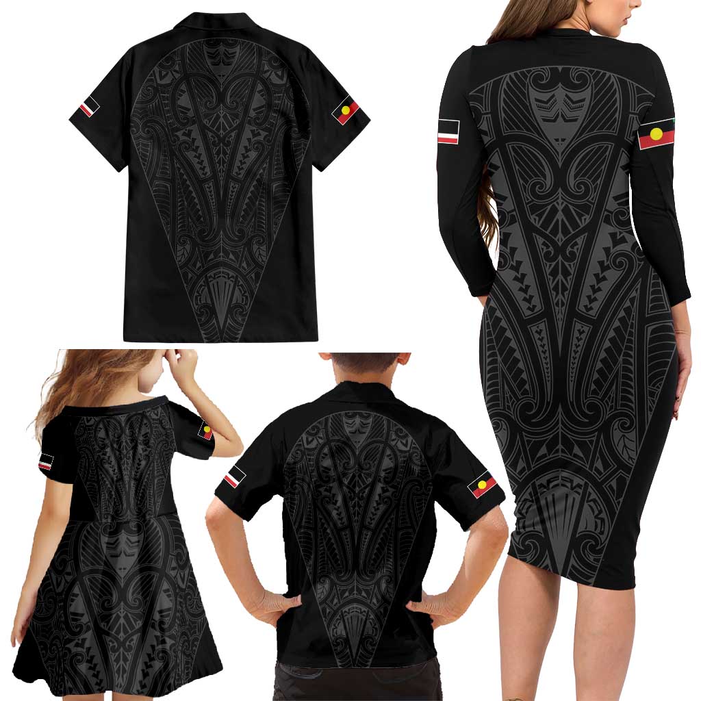 Queensland Maori Rugby Nga Hau e Wha Family Matching Long Sleeve Bodycon Dress and Hawaiian Shirt Black Motif