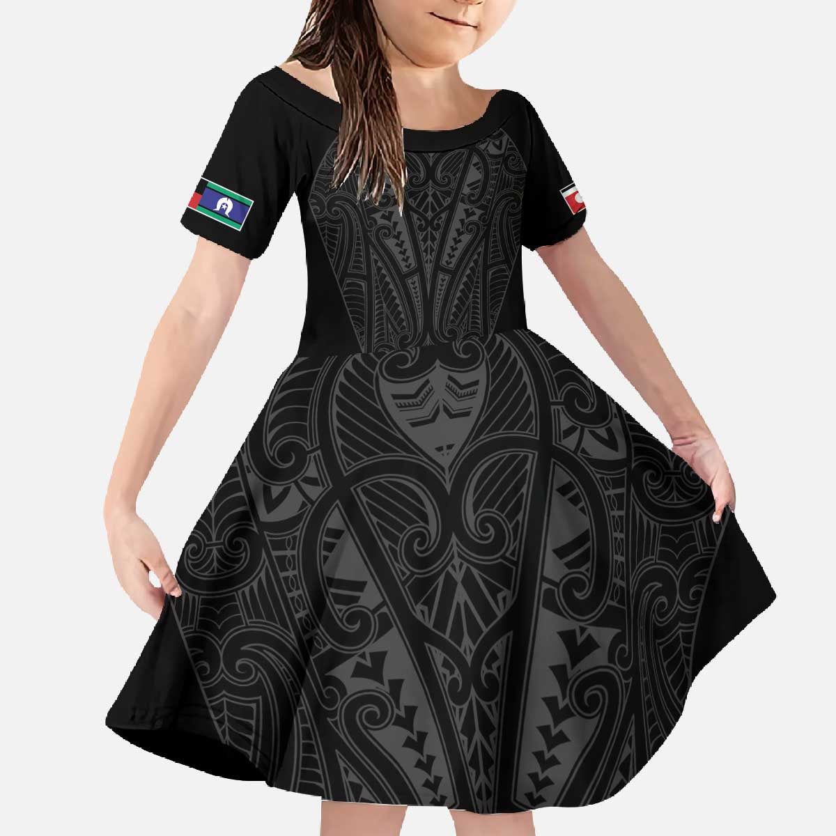 Queensland Maori Rugby Nga Hau e Wha Family Matching Off The Shoulder Long Sleeve Dress and Hawaiian Shirt Black Motif