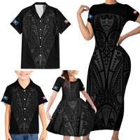 Queensland Maori Rugby Nga Hau e Wha Family Matching Short Sleeve Bodycon Dress and Hawaiian Shirt Black Motif
