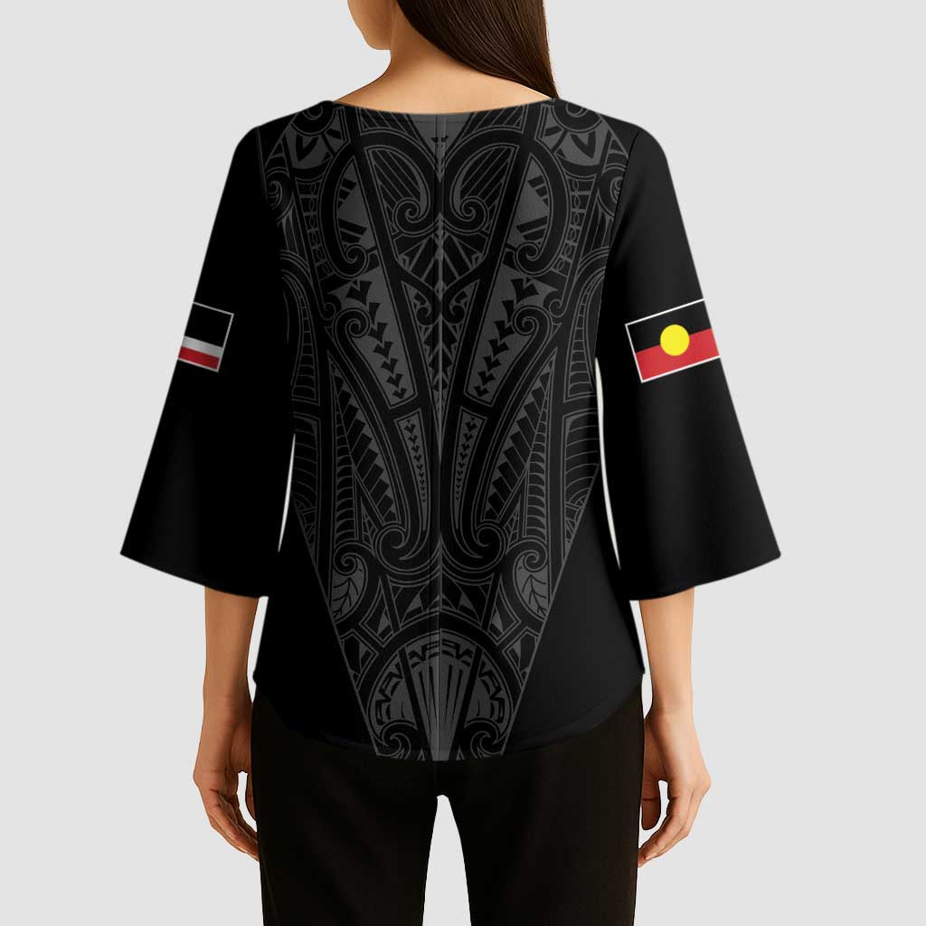 Queensland Maori Rugby Nga Hau e Wha Kimono Sleeve Blouse Black Motif - Polynesian Pride