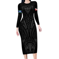 Queensland Maori Rugby Nga Hau e Wha Long Sleeve Bodycon Dress Black Motif