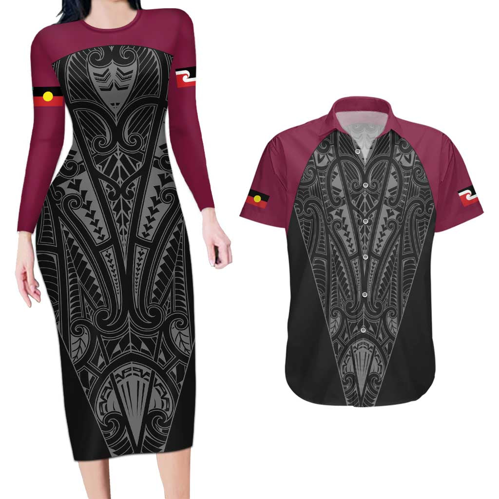 Queensland Maori Rugby Nga Hau e Wha Couples Matching Long Sleeve Bodycon Dress and Hawaiian Shirt Maroon Motif