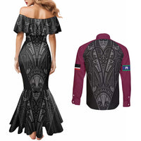 Queensland Maori Rugby Nga Hau e Wha Couples Matching Mermaid Dress and Long Sleeve Button Shirt Maroon Motif