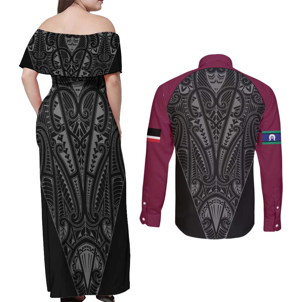 Queensland Maori Rugby Nga Hau e Wha Couples Matching Off Shoulder Maxi Dress and Long Sleeve Button Shirt Maroon Motif