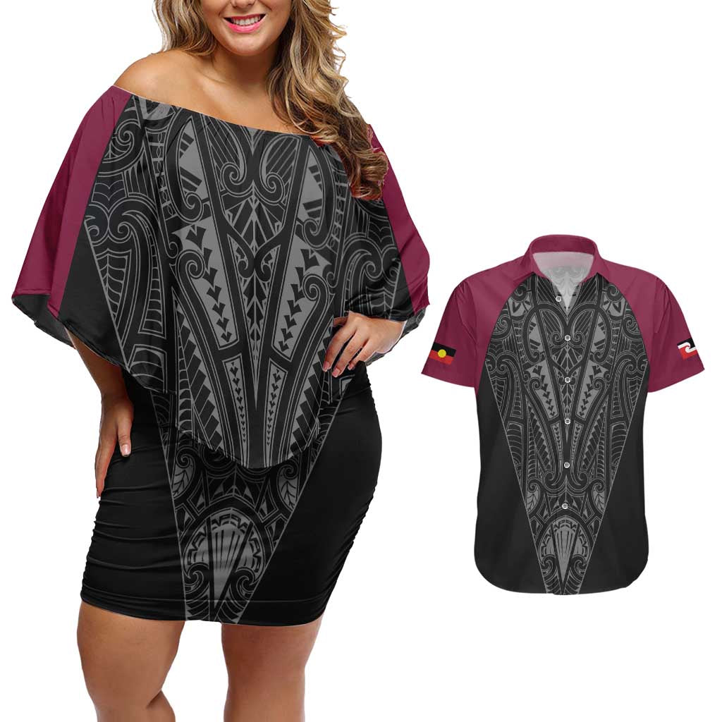 Queensland Maori Rugby Nga Hau e Wha Couples Matching Off Shoulder Short Dress and Hawaiian Shirt Maroon Motif