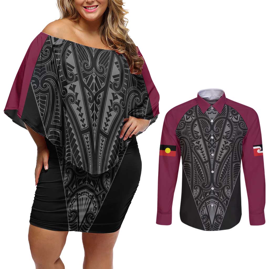Queensland Maori Rugby Nga Hau e Wha Couples Matching Off Shoulder Short Dress and Long Sleeve Button Shirt Maroon Motif