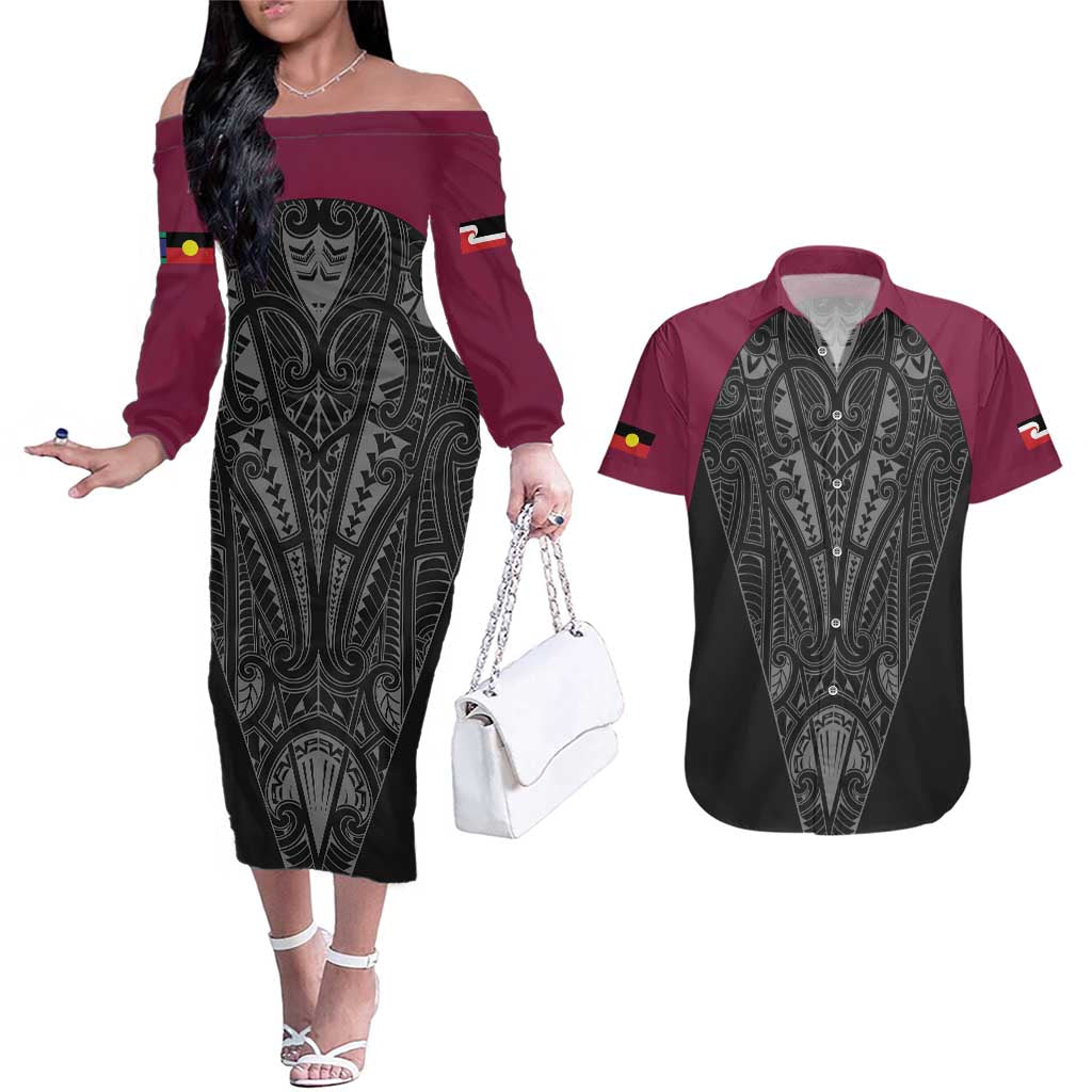 Queensland Maori Rugby Nga Hau e Wha Couples Matching Off The Shoulder Long Sleeve Dress and Hawaiian Shirt Maroon Motif