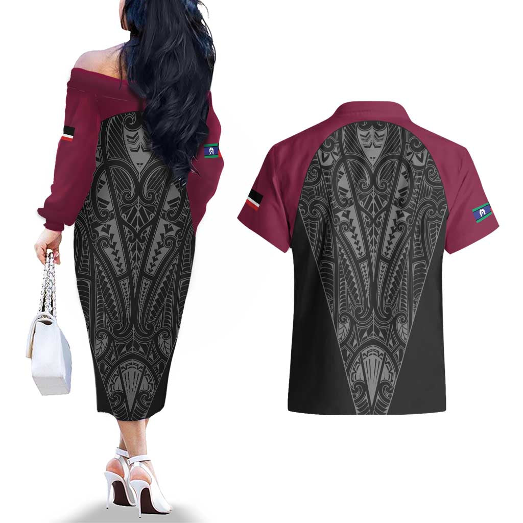 Queensland Maori Rugby Nga Hau e Wha Couples Matching Off The Shoulder Long Sleeve Dress and Hawaiian Shirt Maroon Motif