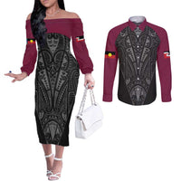 Queensland Maori Rugby Nga Hau e Wha Couples Matching Off The Shoulder Long Sleeve Dress and Long Sleeve Button Shirt Maroon Motif