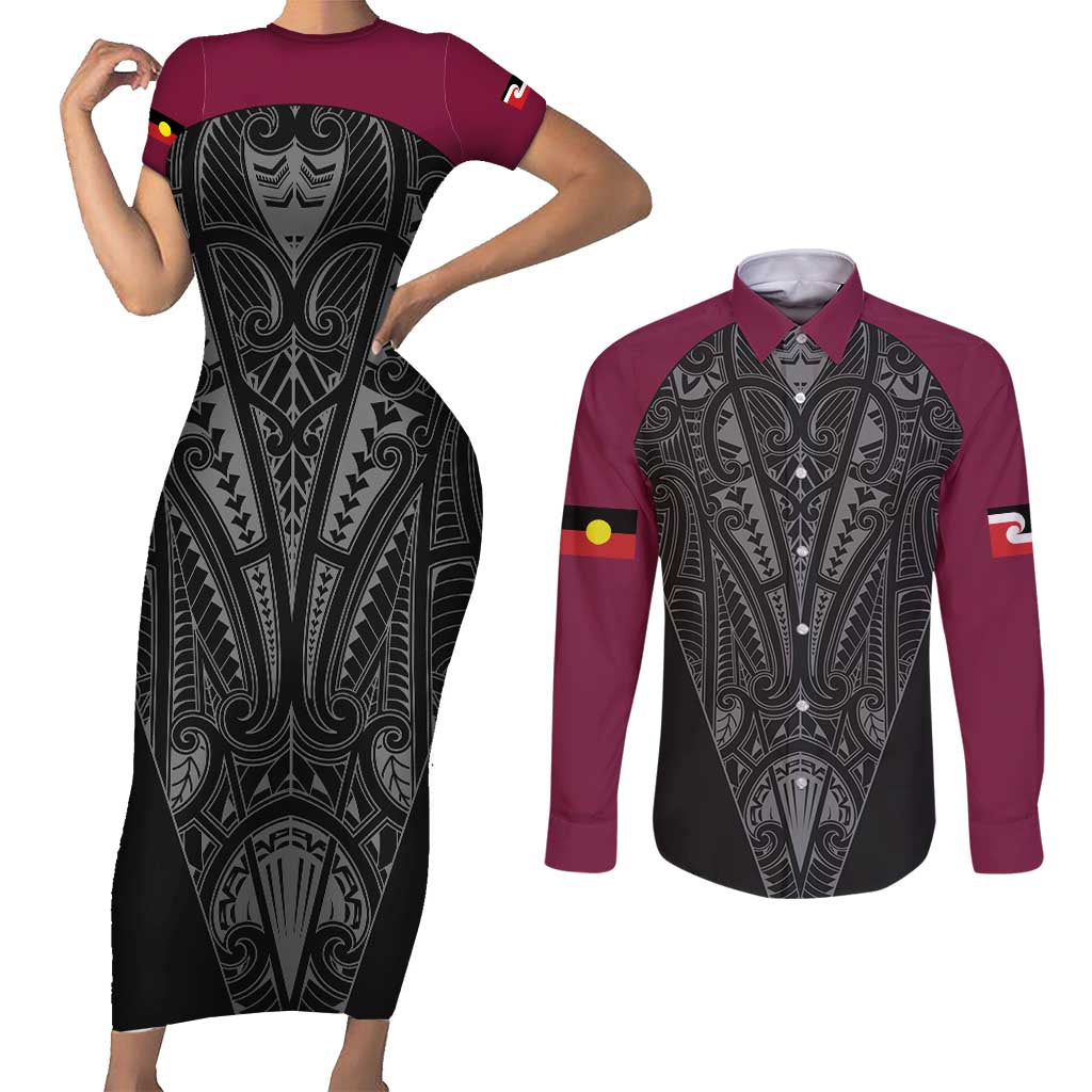 Queensland Maori Rugby Nga Hau e Wha Couples Matching Short Sleeve Bodycon Dress and Long Sleeve Button Shirt Maroon Motif