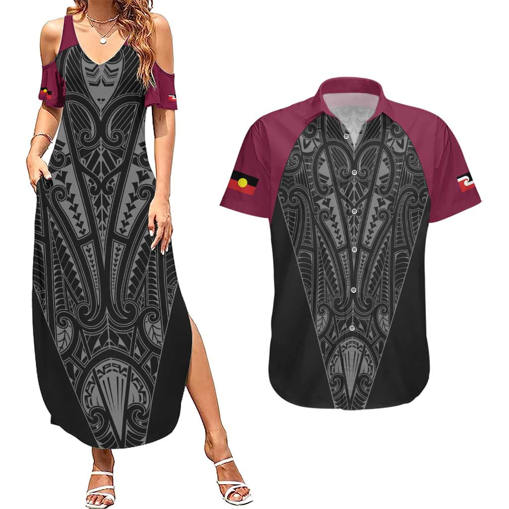 Queensland Maori Rugby Nga Hau e Wha Couples Matching Summer Maxi Dress and Hawaiian Shirt Maroon Motif